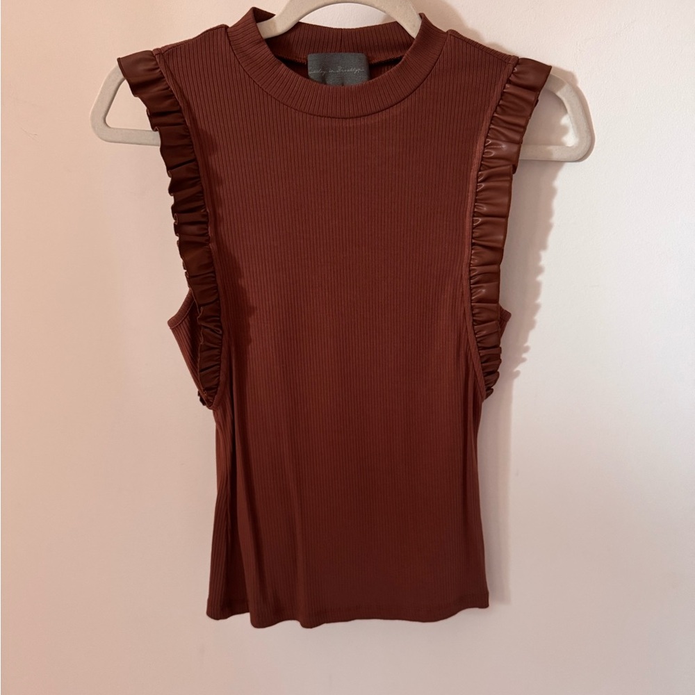 Anthropologie Rust Faux Leather Ruffled Tank Top
